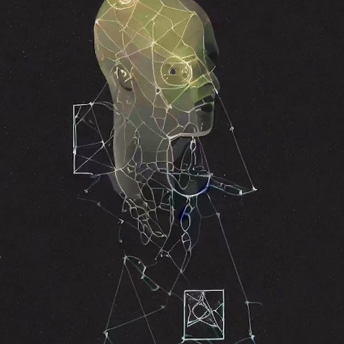 Wireframe drawing of a head, from the Wooden Nickels music video