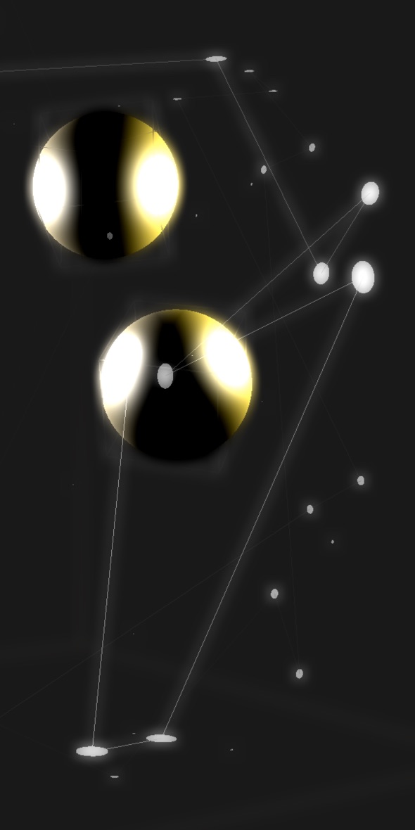 Two glowing spheres in a dark space, from Sunspots