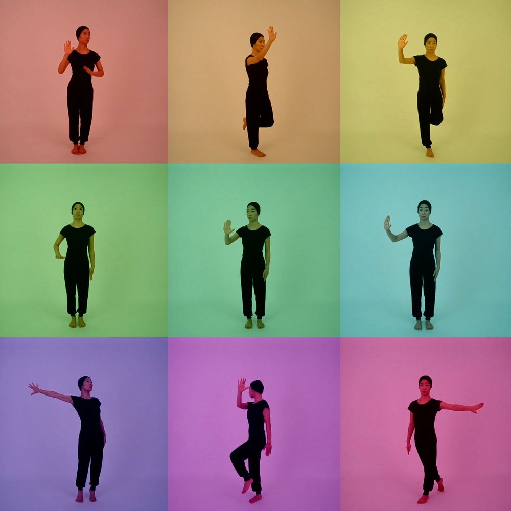 A dancer in nine poses on coloured backgrounds
