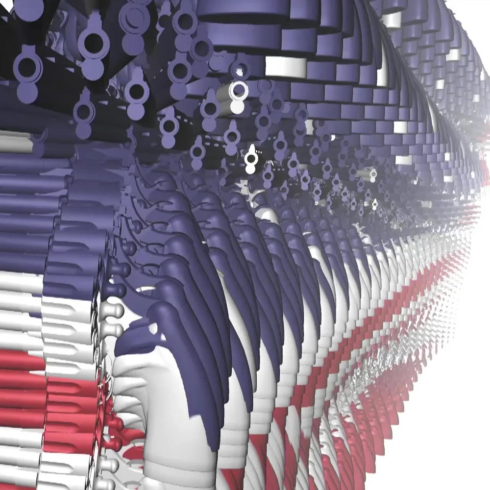 Abstract animation of a striped flag made of 3D shapes