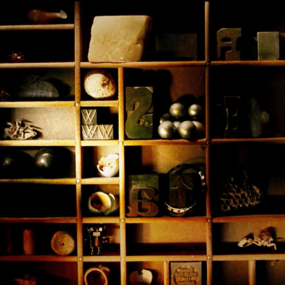 Shelves of small objects in warm light